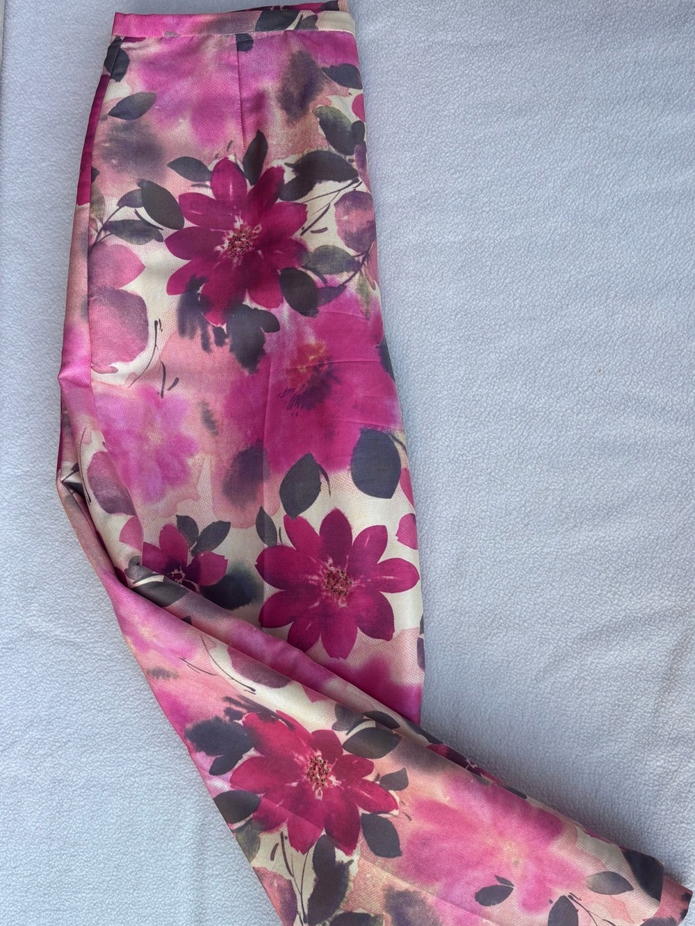 Pink Floral Wide-Leg Silk Trousers
